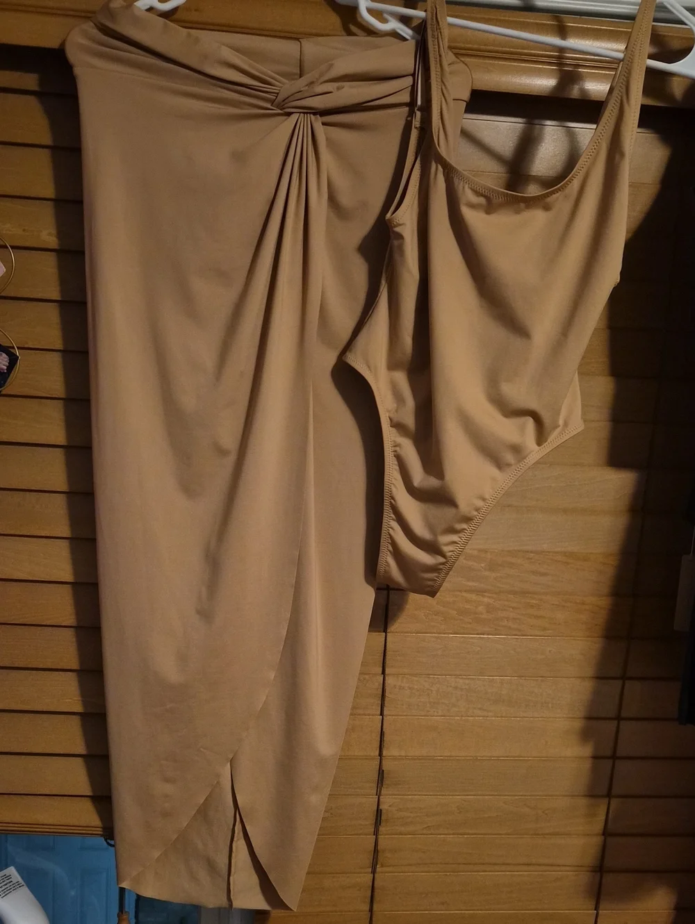 Authentic SKIMS Swim One-Piece & Matching Sarong Skirt Set | Nude/Tan | Size Med